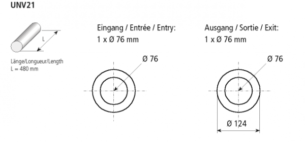 Universal-Schalldämpfer rund 124 mm, Länge 480 mm, Eingang 1 x Ø